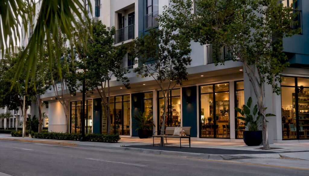 Modern mixed-use building with street-level retail and apartments