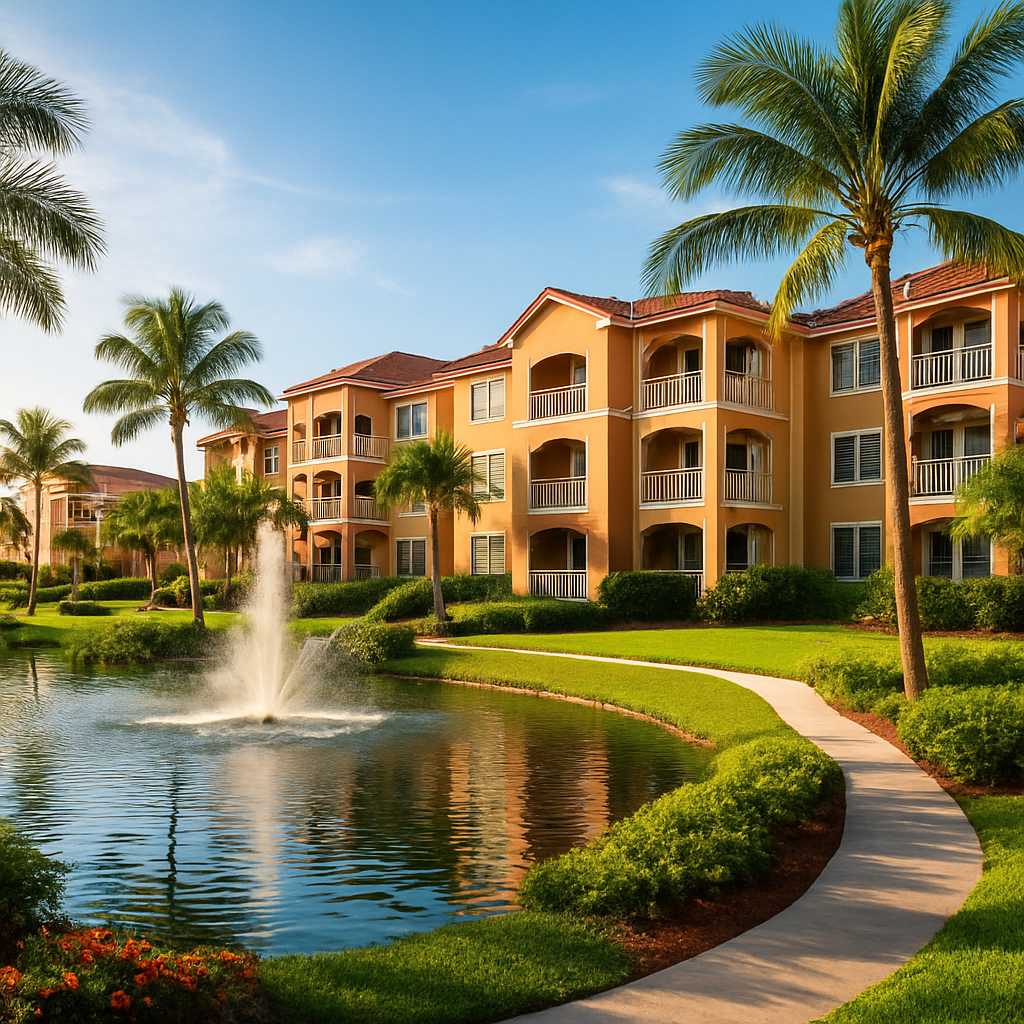 A sunny, tropical apartment complex with yellow buildings, balconies, palm trees, a small lake, and a central water fountain surrounded by well-kept green lawns and a curved walkway.
