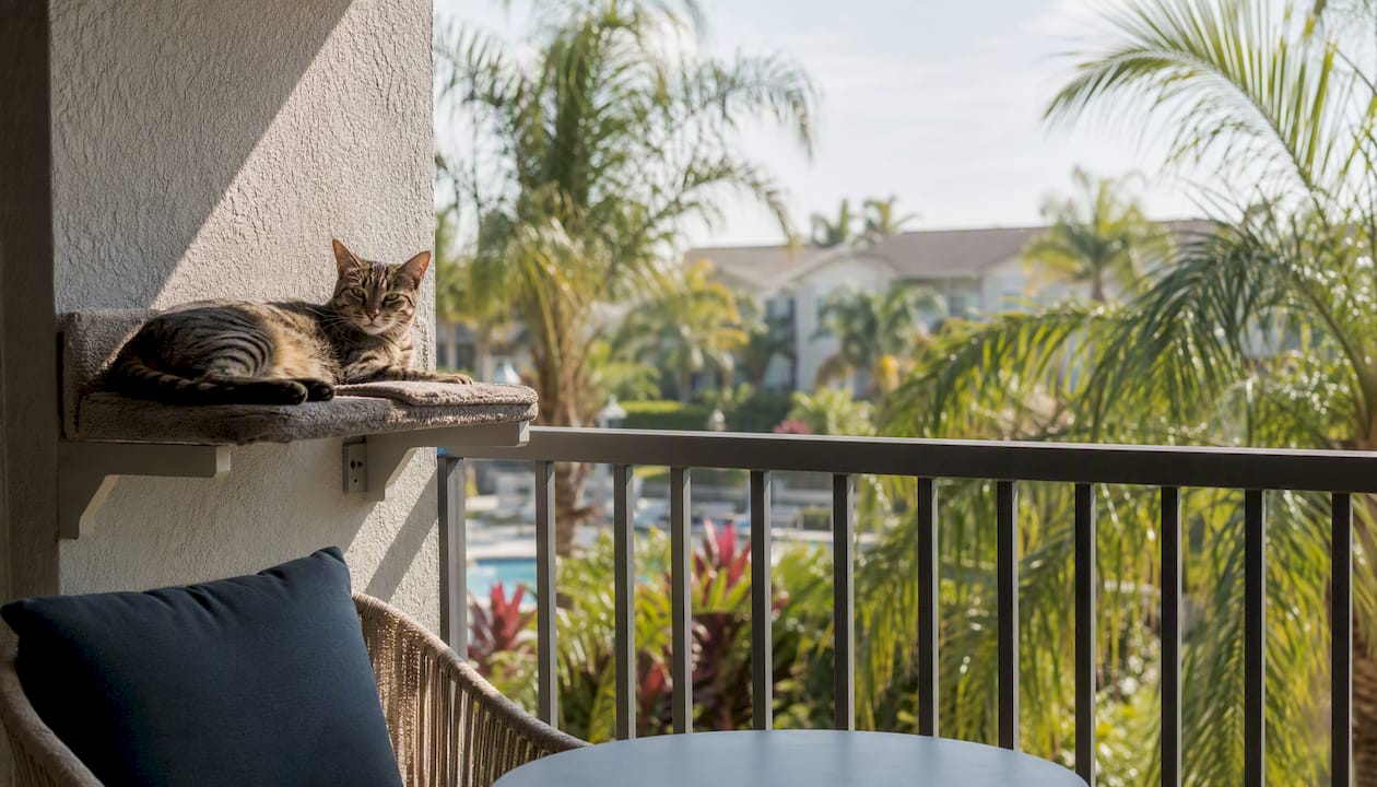 Cat resting on window perch inside apartment