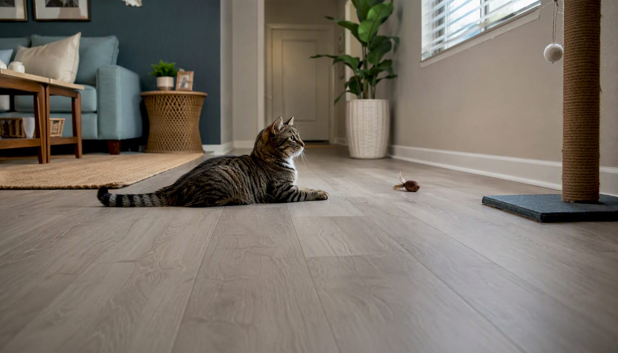 Close-up of easy-clean luxury vinyl apartment flooring