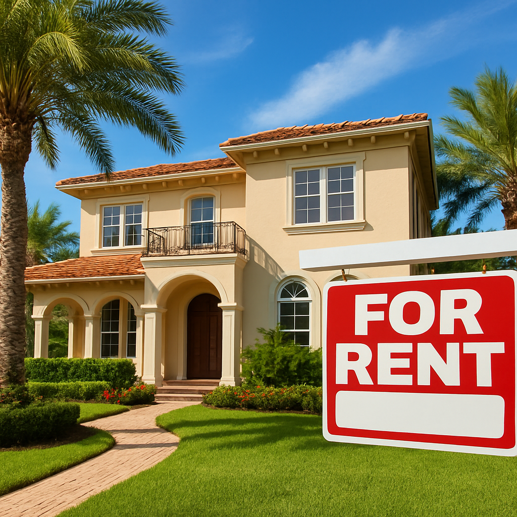 A two-story beige house with a red-tile roof and arched entryway, surrounded by green lawns and palm trees, with a large “For Rent” sign in front.