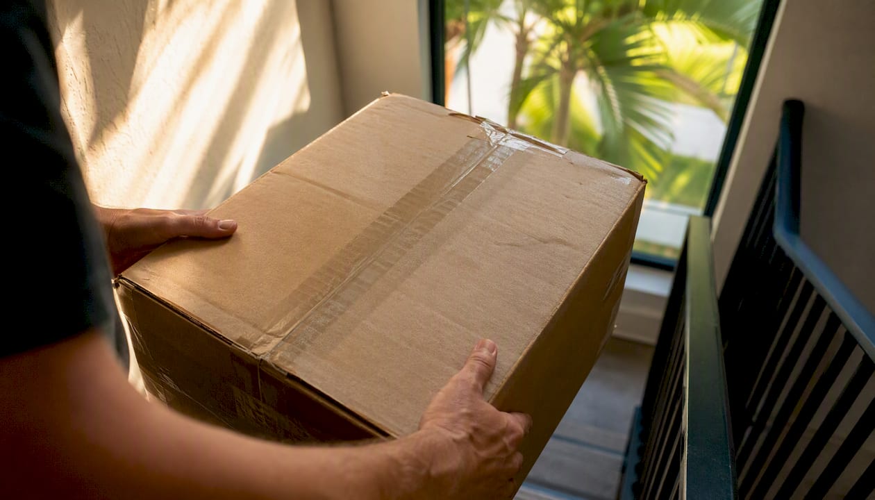 Hands carrying moving box upstairs