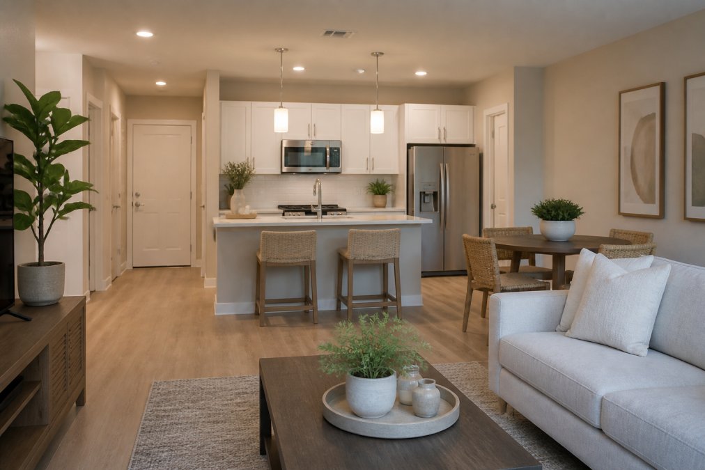 Modern open-concept living space designed in the style of modern one bedroom apartments, featuring a light kitchen, island seating, dining table, sofa, plants, and neutral decor. Wooden flooring and soft lighting create a warm, inviting atmosphere.