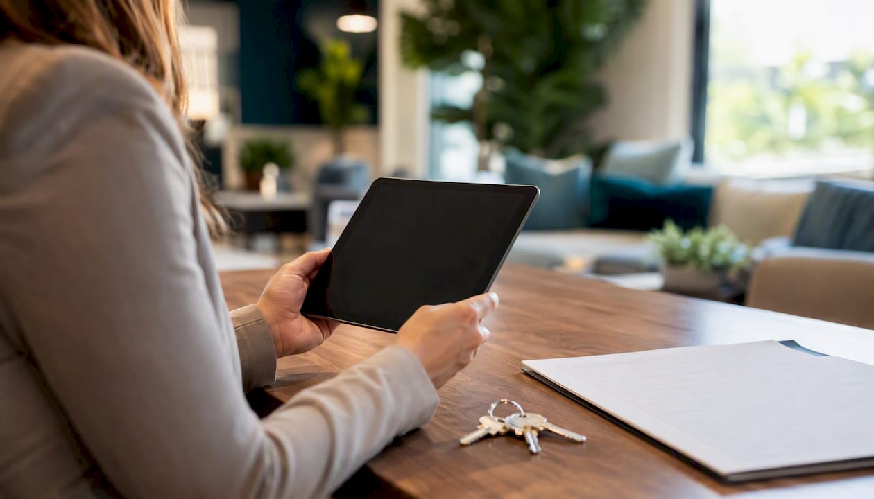 Property manager holding tablet in leasing office