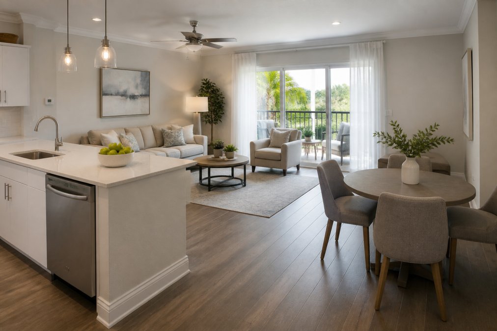 Modern open-concept living room and kitchen with neutral tones, a sectional sofa, armchairs, round dining table, pendant lights, and large window with sheer curtains overlooking greenery—perfect for those seeking maintenance free living apartments.