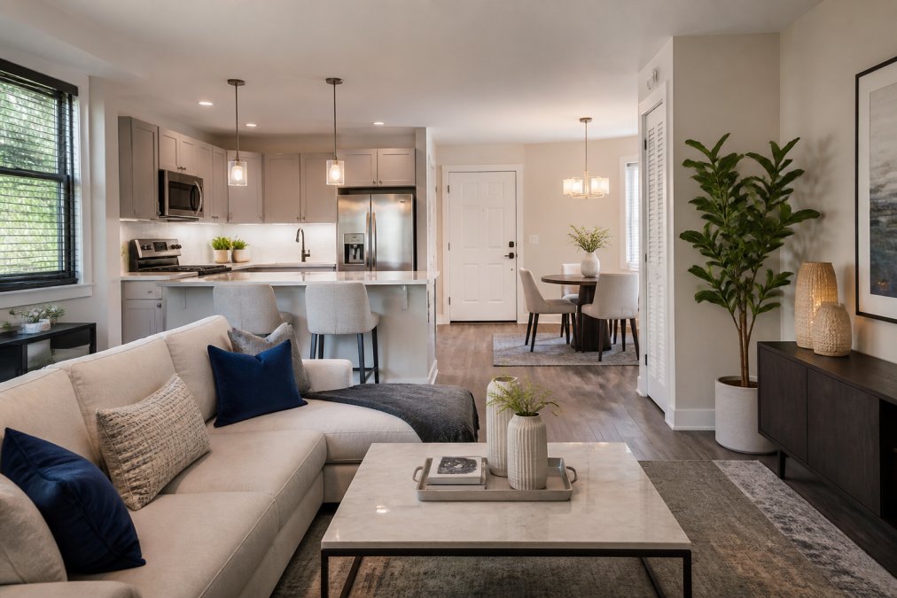 Modern open-concept living room and kitchen with neutral tones, a sectional sofa, coffee table, breakfast bar, pendant lights, dining area, and plants—all in bright natural light—embody the stylish comfort found in affordable luxury apartments.