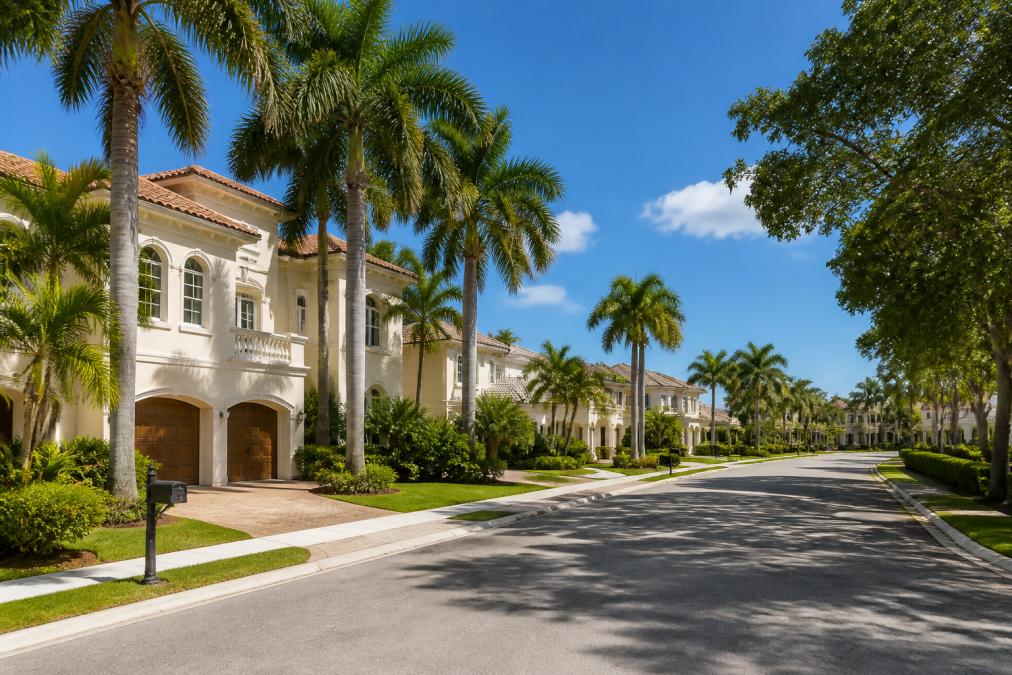 A sunny street lined with tall palm trees and large, elegant white houses with arched windows, balconies, and green lawns under a blue sky, capturing the sophisticated charm found in residential areas in Boca Raton.