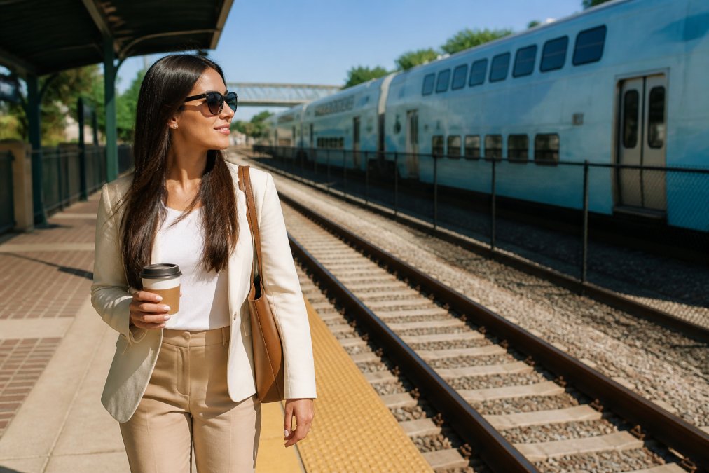 A woman in sunglasses and business attire holds a coffee cup while standing on a train platform near professional housing near Tri-Rail. A blue and white double-decker train is passing by on a sunny day.