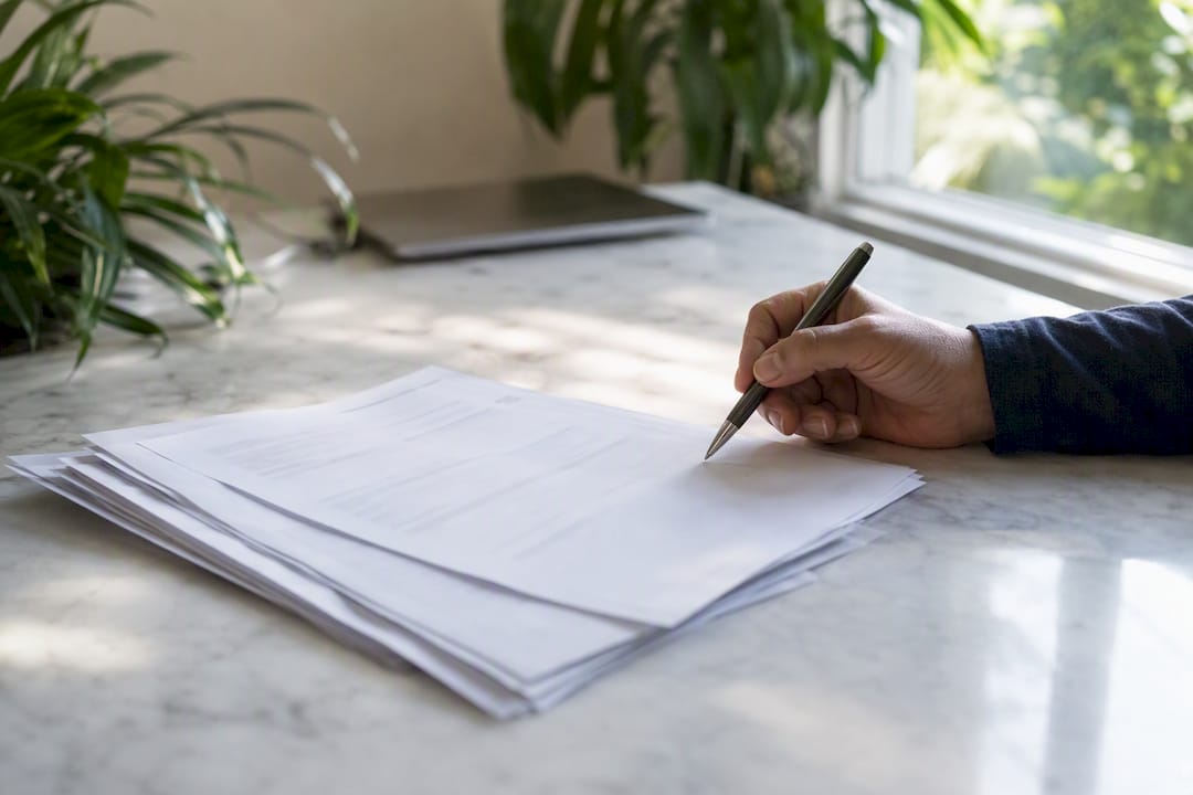 Close-up of bank statements with pen