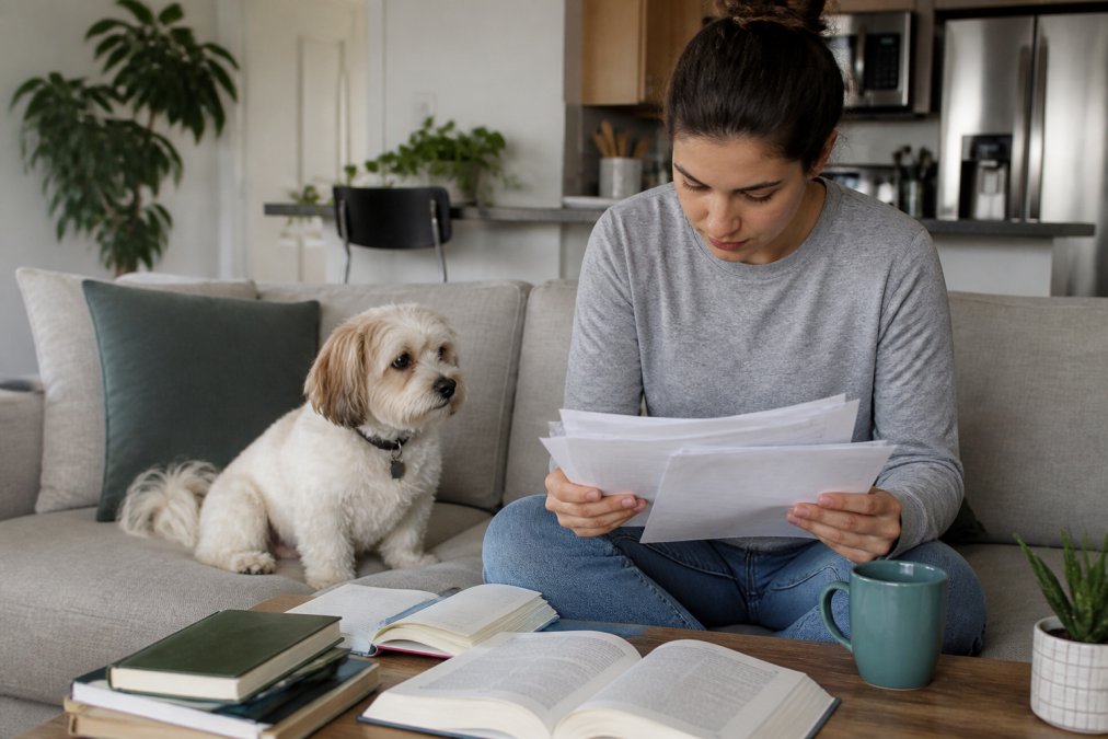 A woman sits on a couch reading papers about how to find pet friendly housing for graduate students, with an open book, a cup, and a dog beside her. The scene is in a cozy living room with plants and a kitchen in the background.