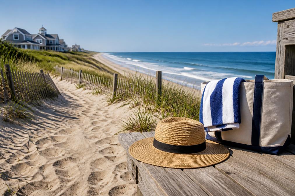 A straw hat and beach bag with a striped towel sit on a wooden bench next to a sandy path leading to the beach, evoking the relaxed charm of east coast beach towns, with ocean waves and houses in the background under a clear blue sky.
