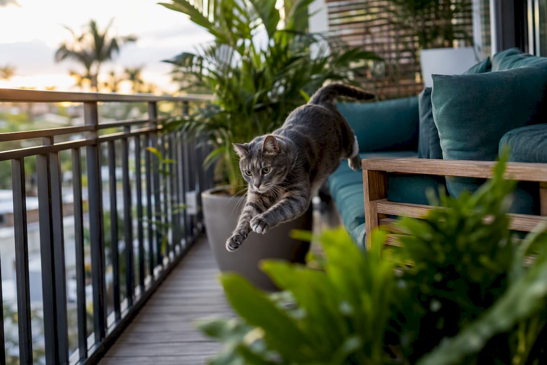 Cat exploring tropical apartment balcony