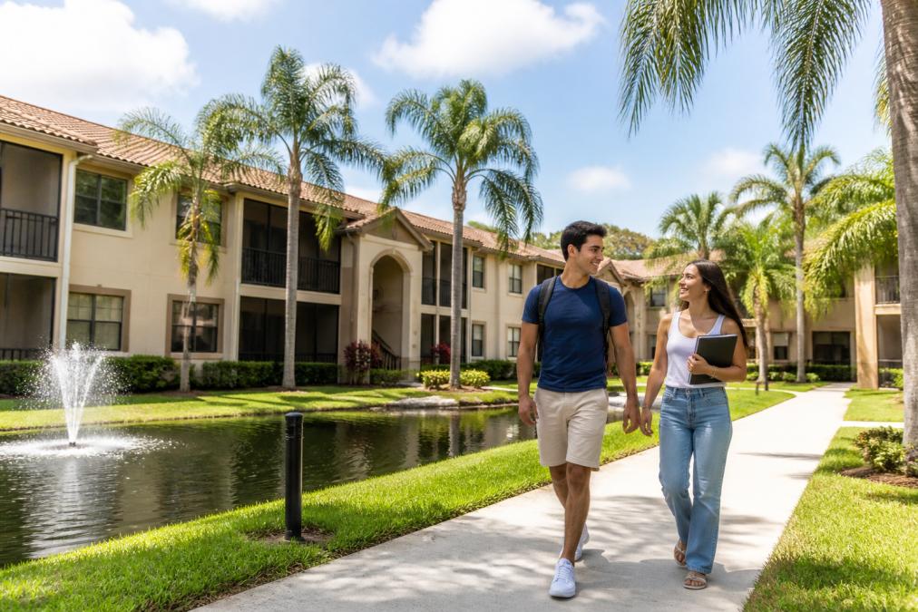 A young man and woman walk hand-in-hand on a sunny path by a pond with a fountain, in front of palm trees and tan apartment buildings, smiling at each other as they explore student housing options near FAU.