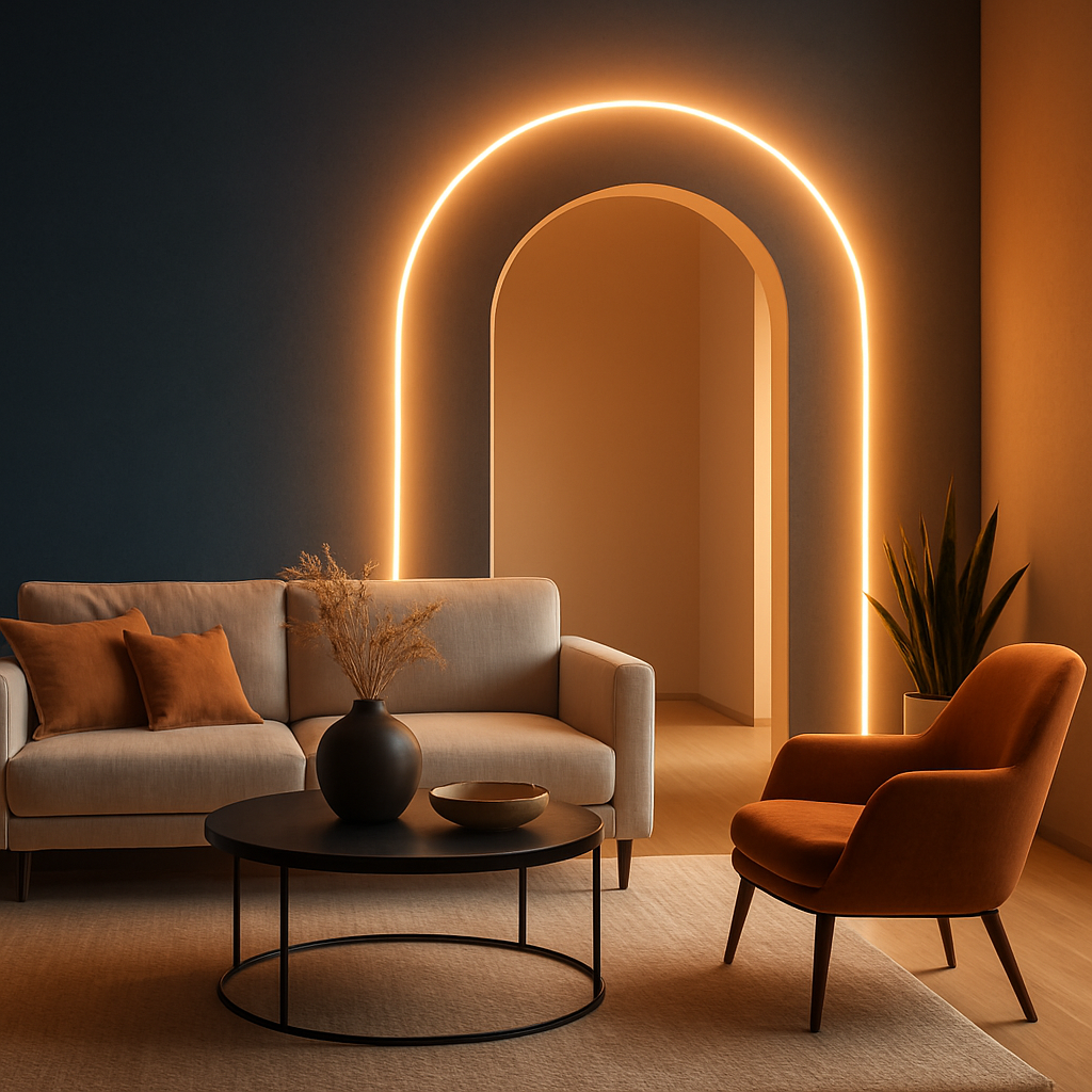 Modern living room with a beige sofa, orange chair, round black coffee table, and a glowing arched doorway in the background. A plant and decorative vase complete the cozy, stylish setting.