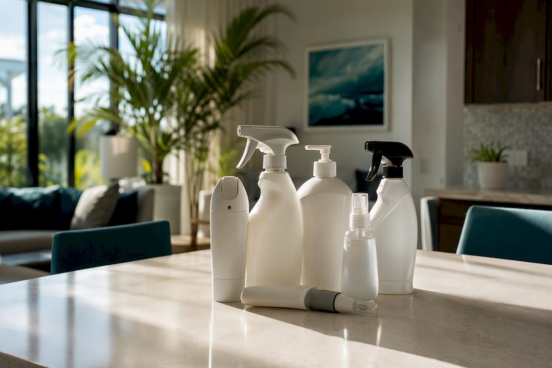 Unlabeled pet-safe pest control bottles on kitchen counter