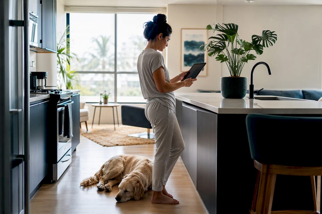 Tenant with dog reviewing accommodation info