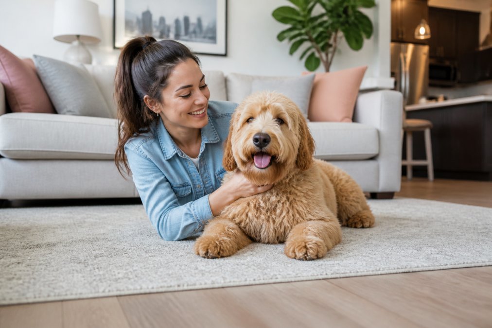 A woman in a denim shirt smiles while lying on the floor next to a happy, fluffy golden-colored dog in a cozy, modern living room, perfectly illustrating the welcoming pet policy for Boca apartments.