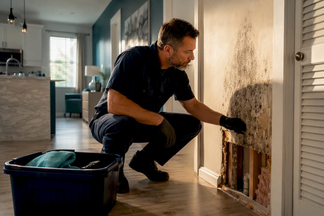 Maintenance worker inspecting apartment mold damage