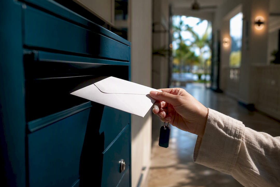 Hand placing renewal notice in apartment mailbox