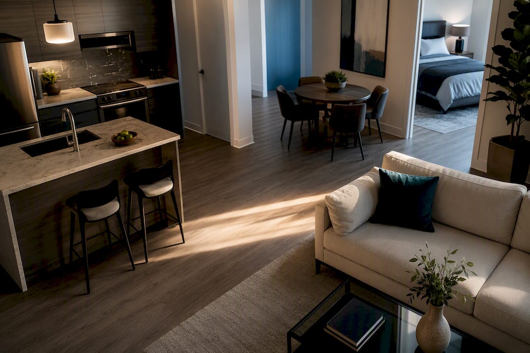 Open-concept one-bedroom apartment layout