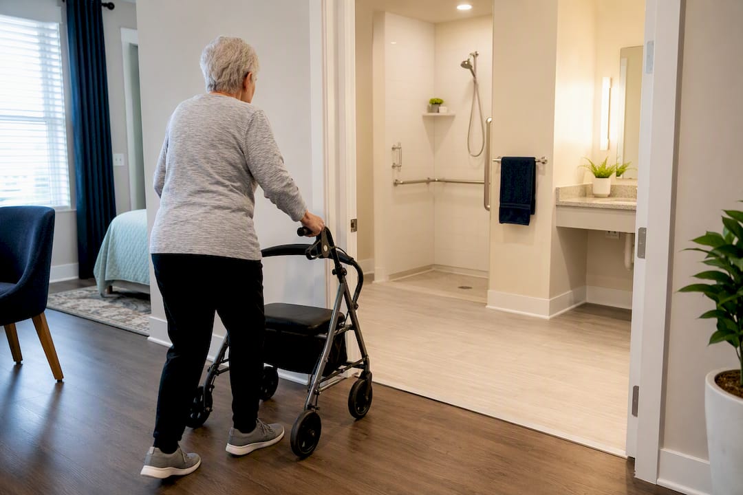 Accessible bathroom doorway and low-threshold shower