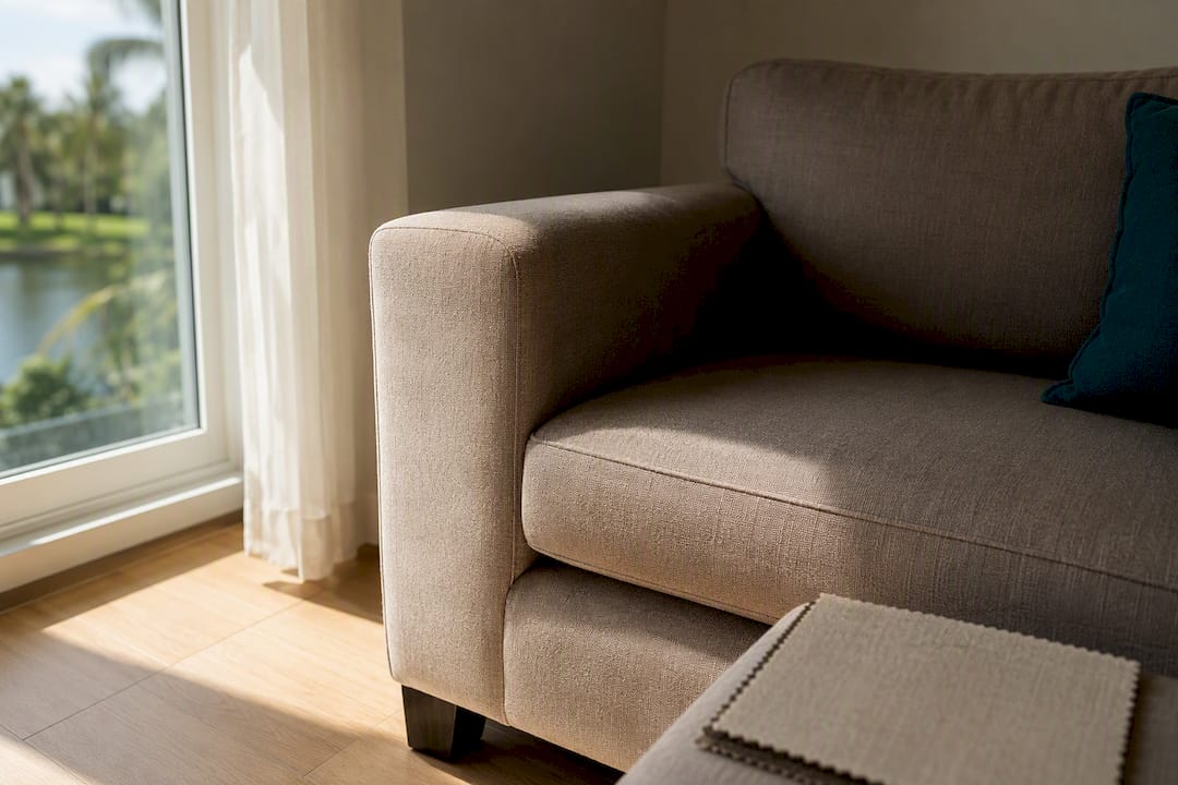 Sun-faded sofa fabric beside apartment window