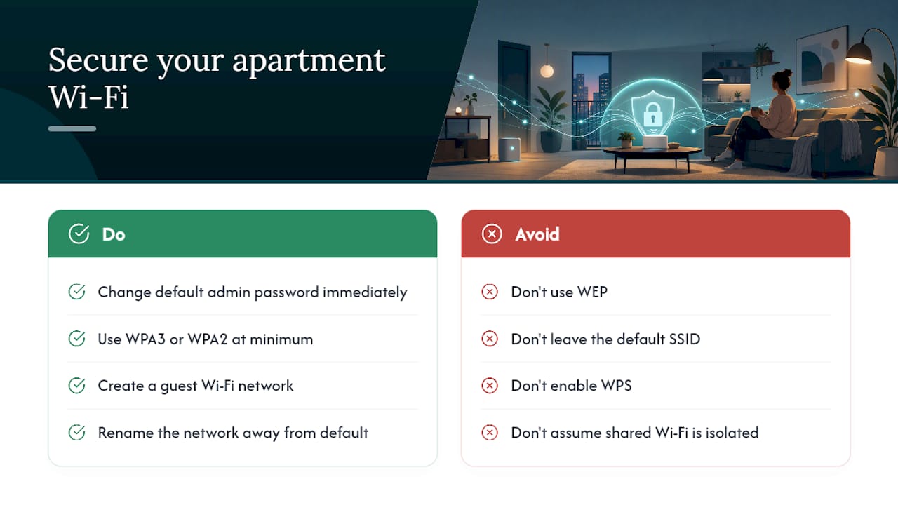 Get Online Day One: Apartment Internet for Renters, Unit Checks 2 Securing your apartment's Wi-Fi network — overview diagram