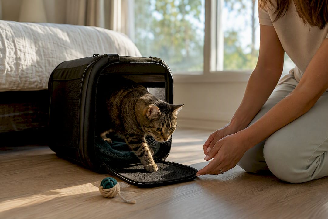 Avoid Rejection: Pack 7 Days' Food, Papers for Florida Renters' Pets 2 Cat practicing entering an open carrier