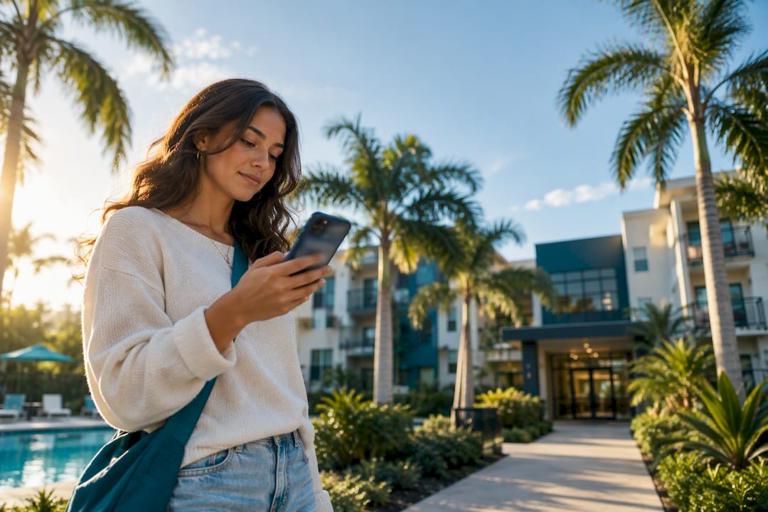 Student reviewing rental plans outside apartment community