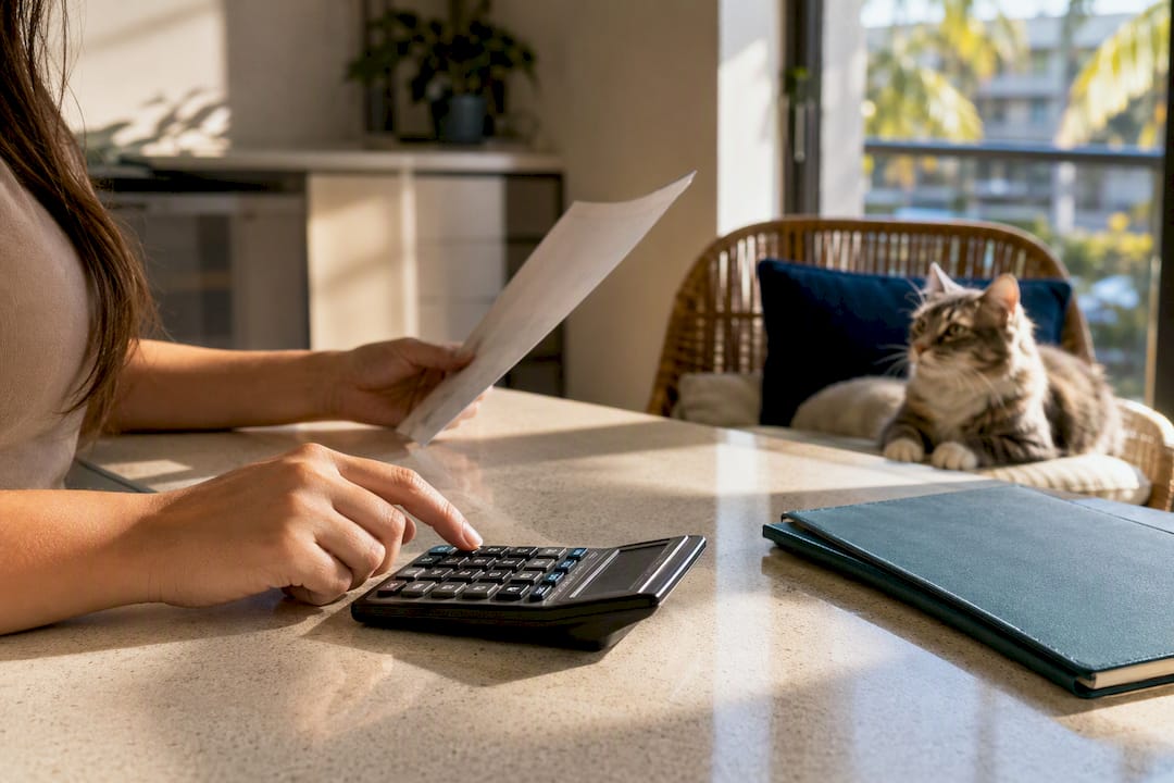 Renter comparing pet costs beside a cat