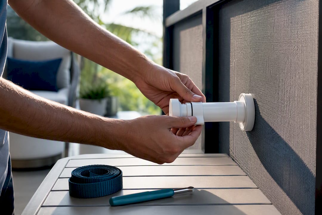 Hands securing removable balcony safety tension mount