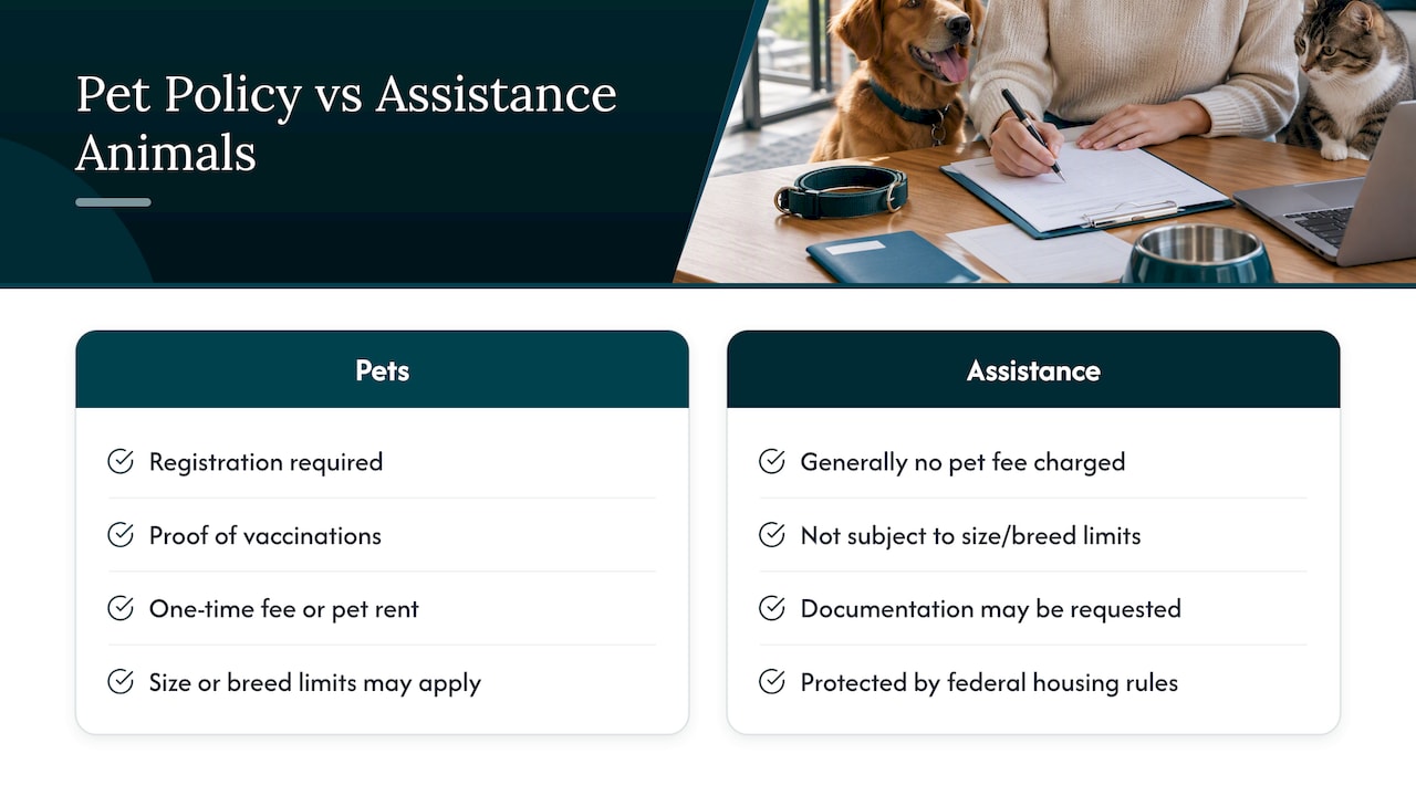 Apartment pet policy requirements and assistance animal exception