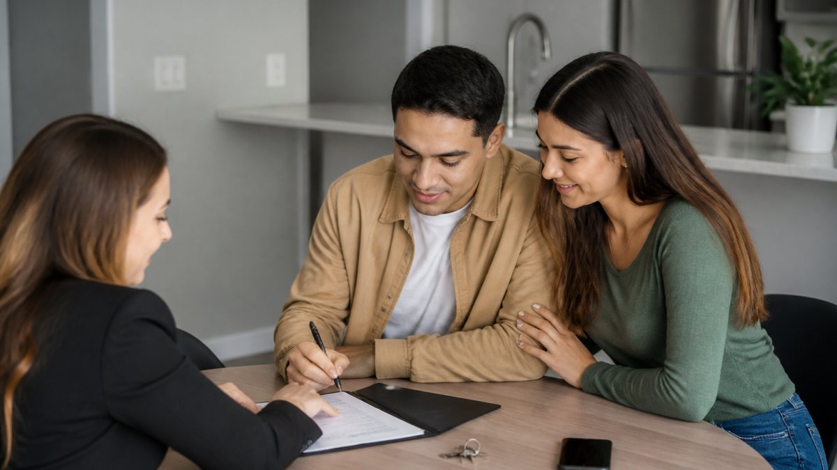A couple sits at a table with a woman in business attire. The man signs a rental application while the woman smiles and holds his arm. Keys and a smartphone are on the table.