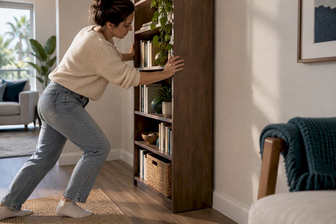 Bookcase positioned against shared apartment wall