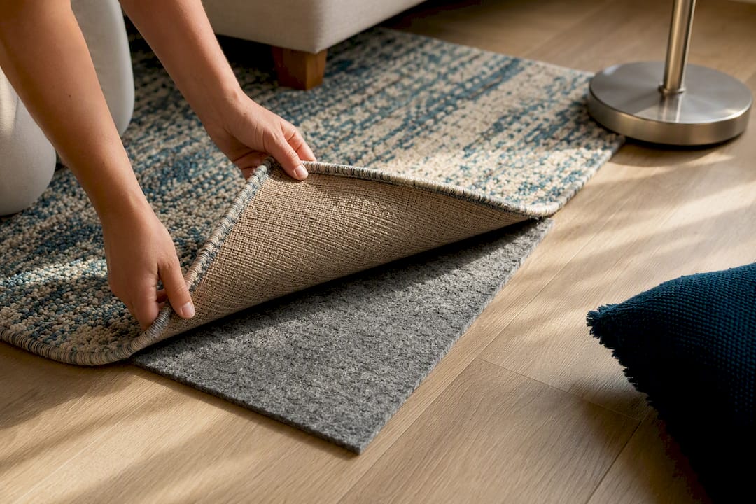 Dense rug pad beneath apartment area rug