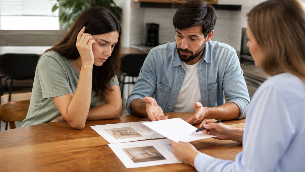 A couple sits at a table looking concerned while discussing security deposit disputes with a professional woman, who is pointing at a document. Papers with images of rooms are spread out on the table.