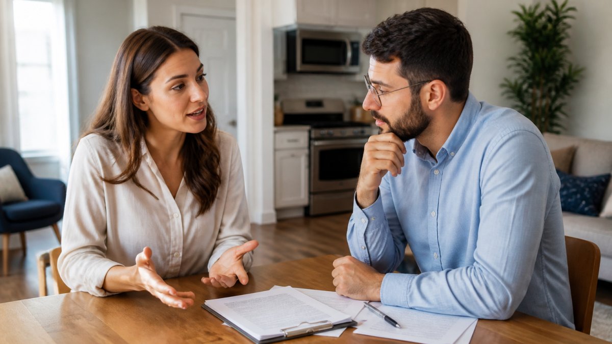 A woman and a man sit at a table in a home, reviewing documents and talking as they negotiate apartment rent.