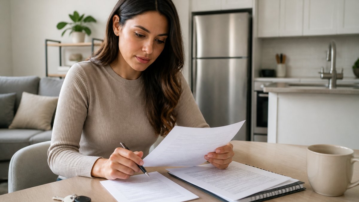 A woman sits at a table reviewing renters insurance requirements paperwork while holding a pen.