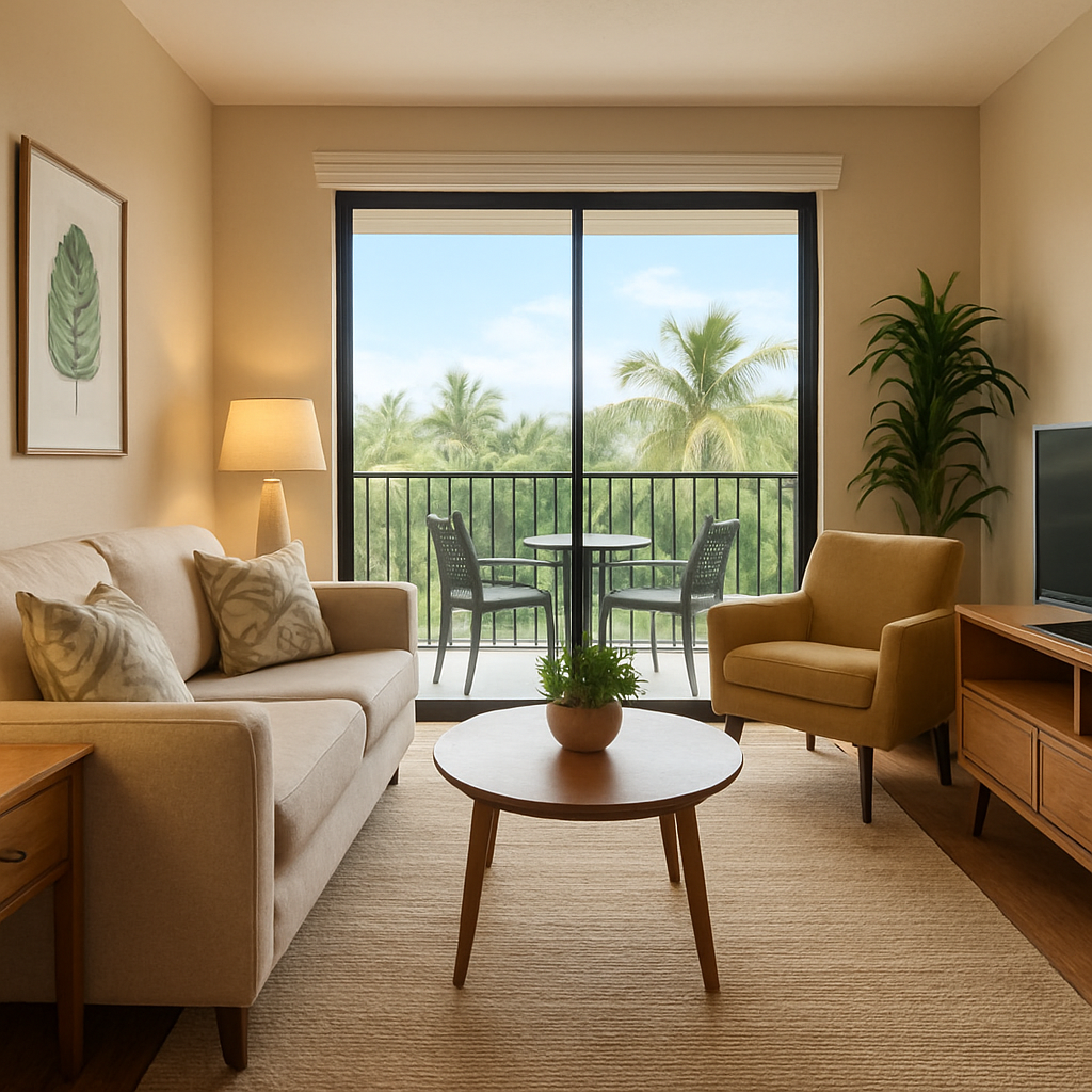 A living room with a beige sofa, a yellow armchair, a round coffee table, and a sliding glass door opening to a balcony with a small table and two chairs overlooking palm trees.