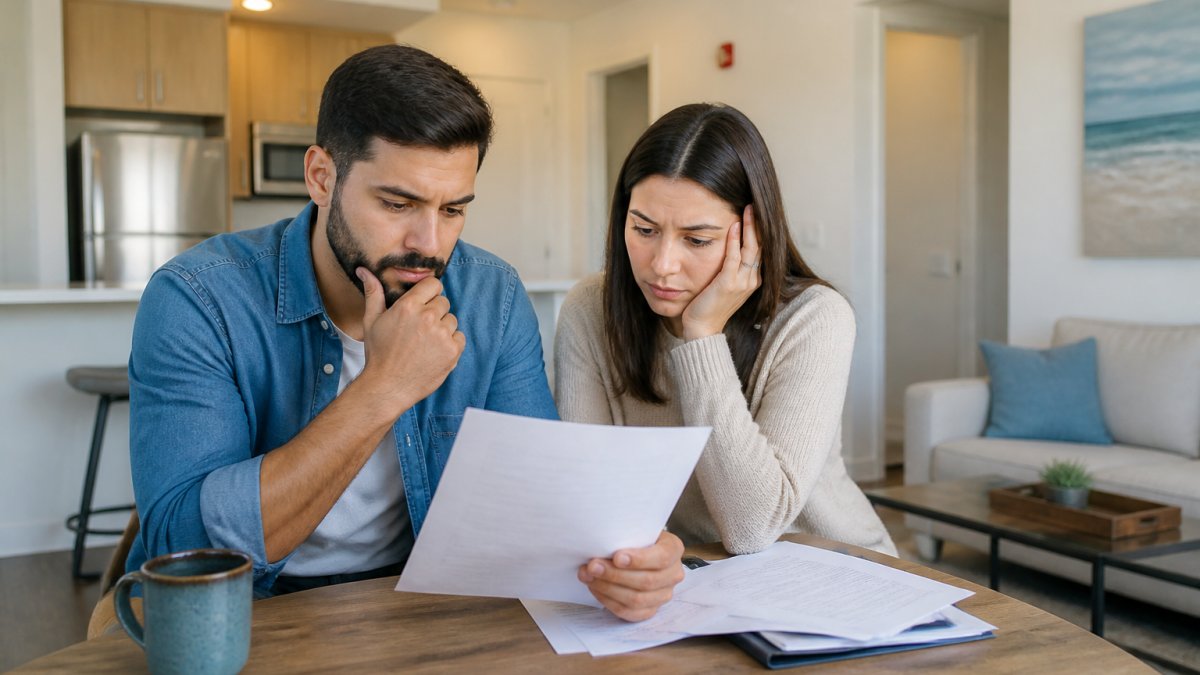 A couple sits at a table looking concerned while reviewing documents regarding their apartment and bad credit.