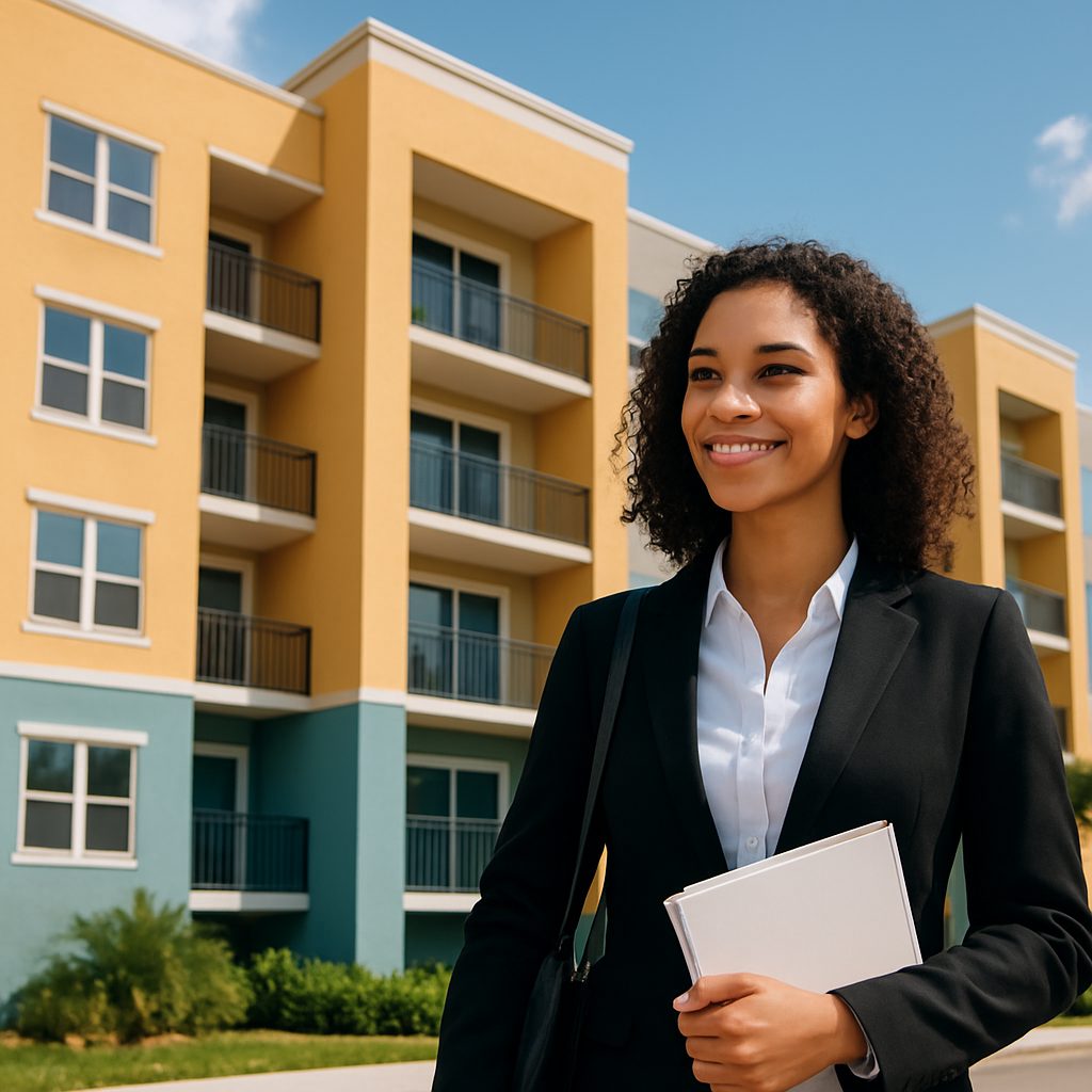 A smiling woman in a black blazer stands in front of a modern apartment building.