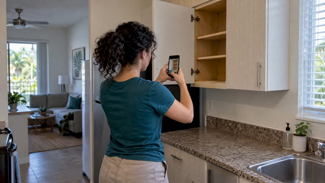Renter documenting apartment kitchen condition