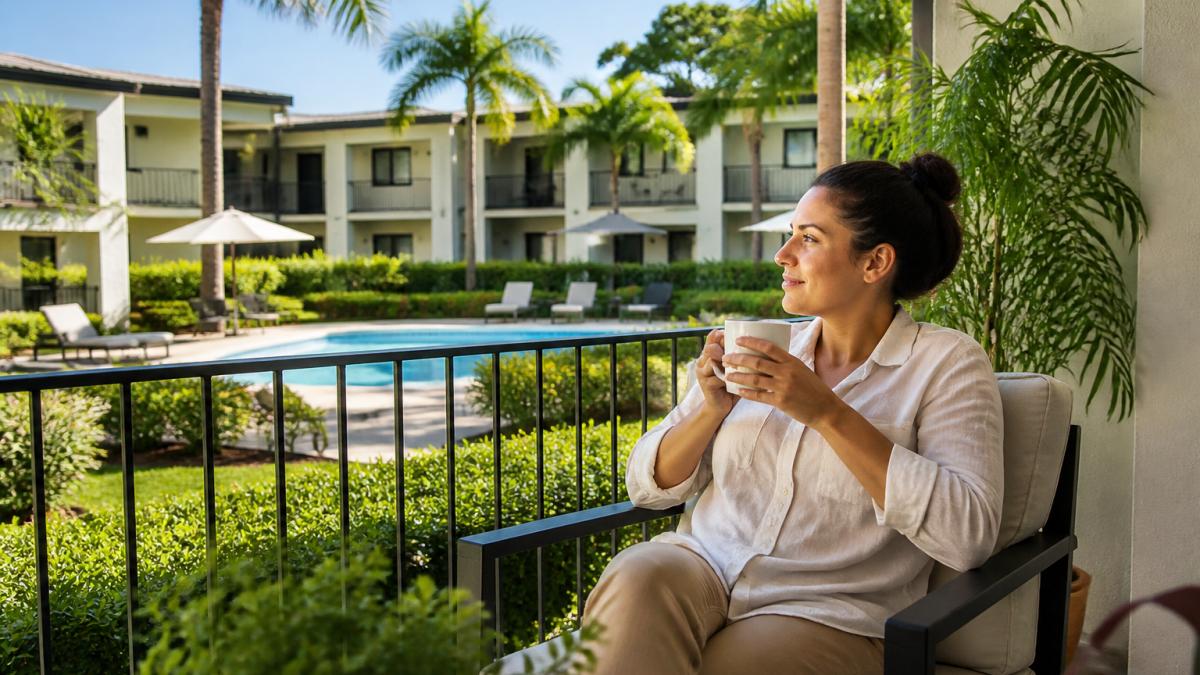 A woman sits on a patio with a mug, looking out toward a swimming pool at these Boca Raton apartments.