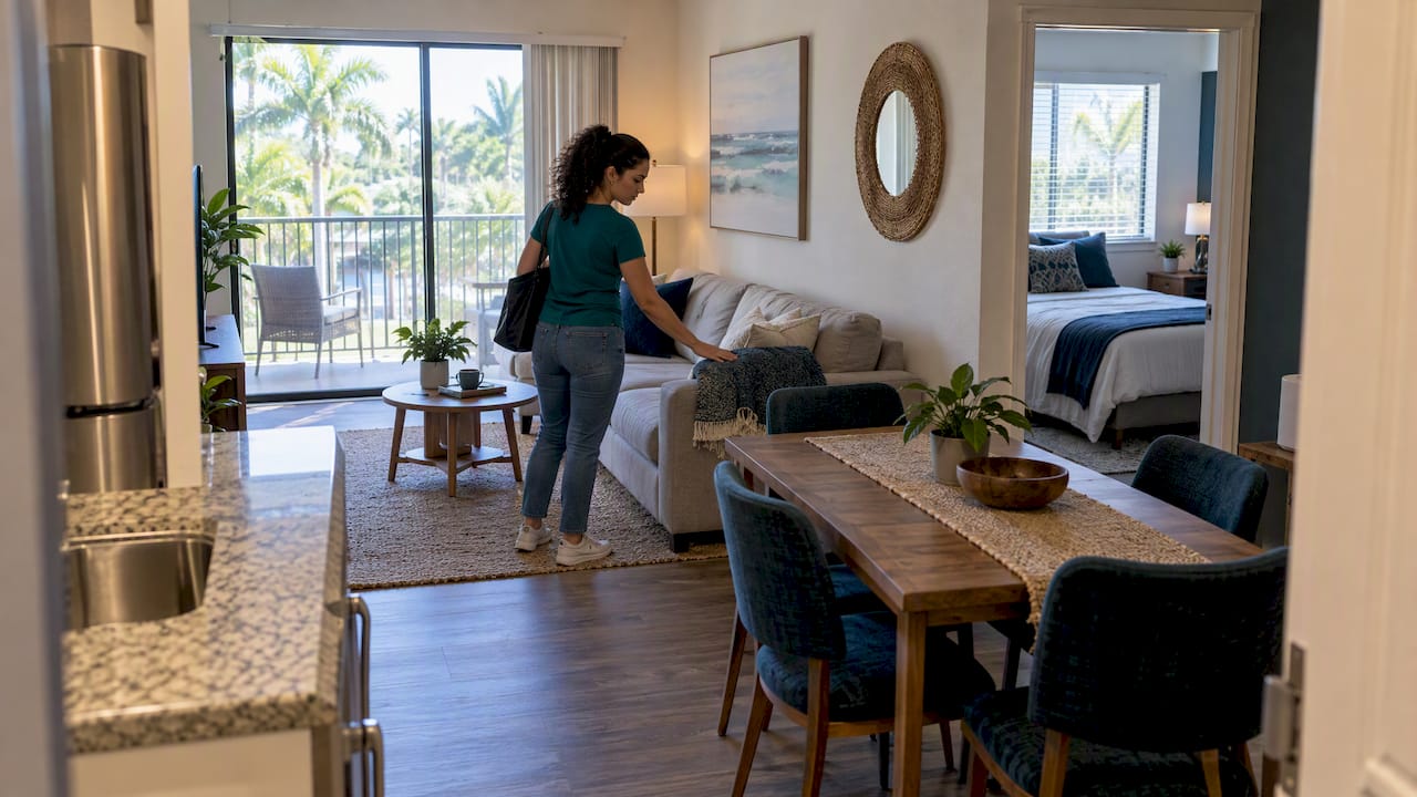 Renter checking furnishings in a one-bedroom apartment