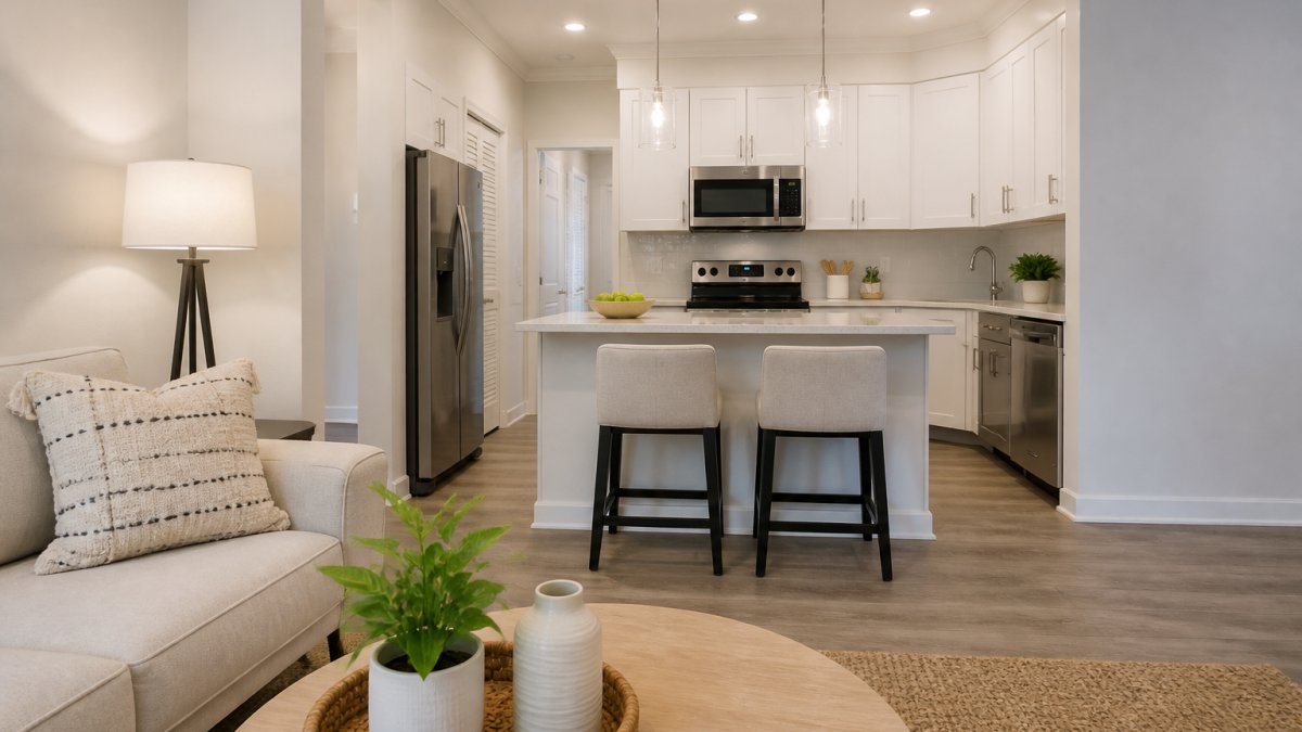 Open-plan kitchen in a Boca Raton rental with white cabinets and a center island featuring two bar stools, viewed from a living area with a sofa and coffee table.