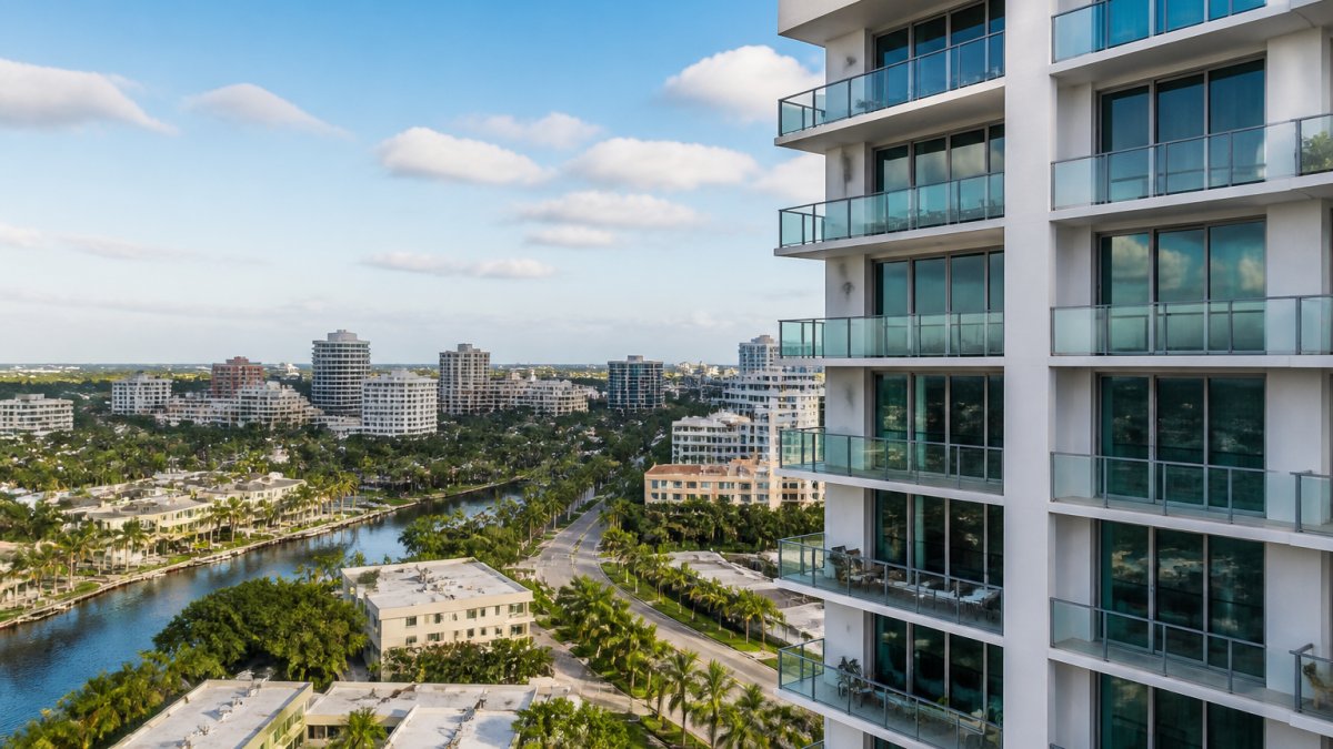 A tall luxury high-rise apartment building with glass balconies overlooking a suburban area with a canal, tree-lined streets, and distant downtown Boca Raton buildings.