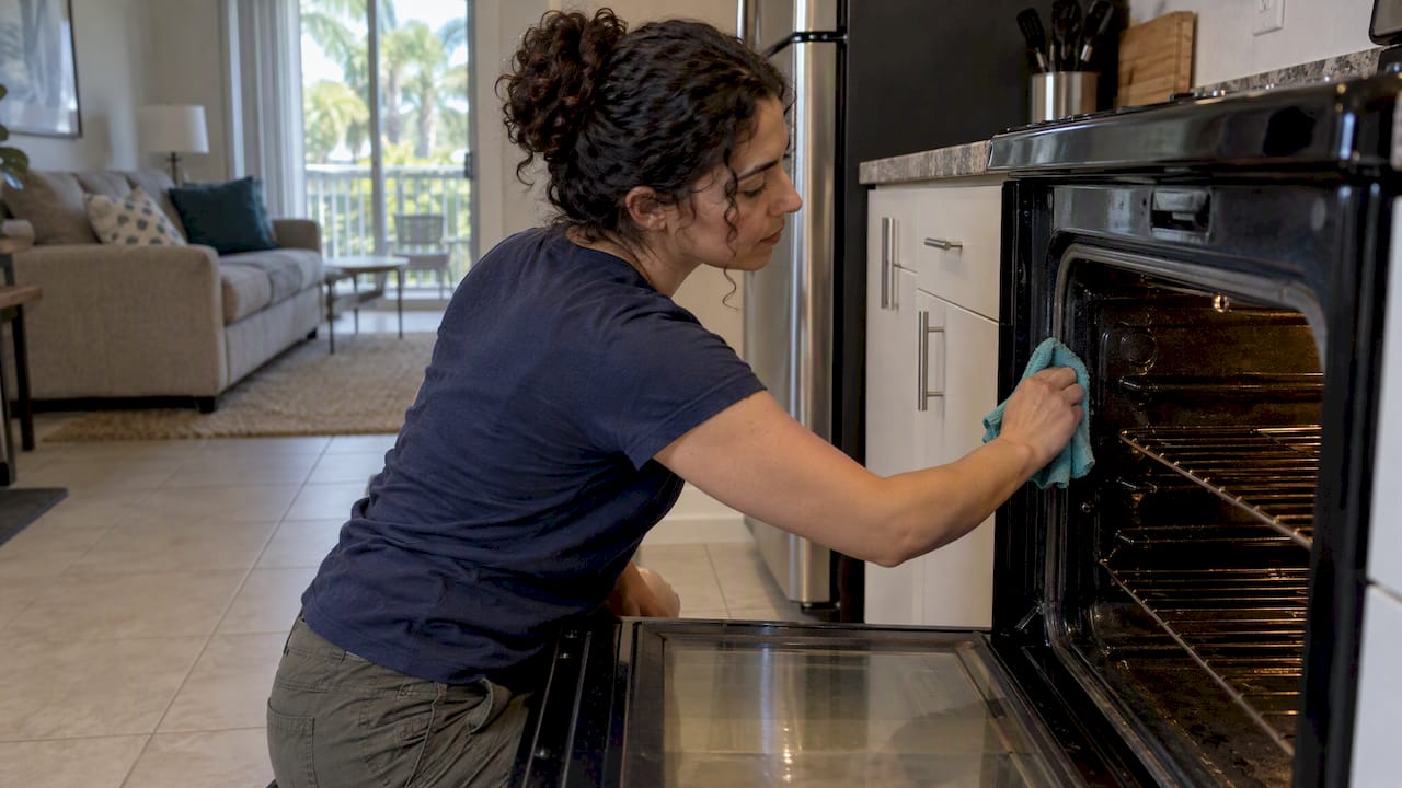 Renter cleaning oven in furnished apartment