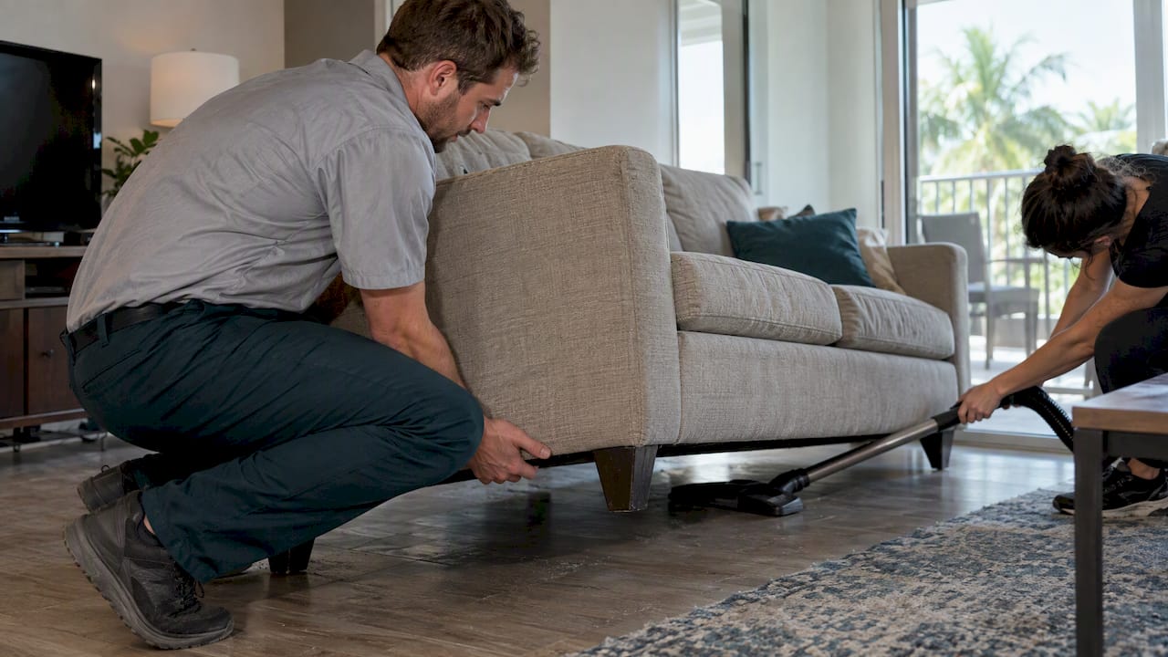 Furnished Move Out Cleaning: Don’t Skip the Sofa or Oven 2 Renters lifting sofa to clean underneath