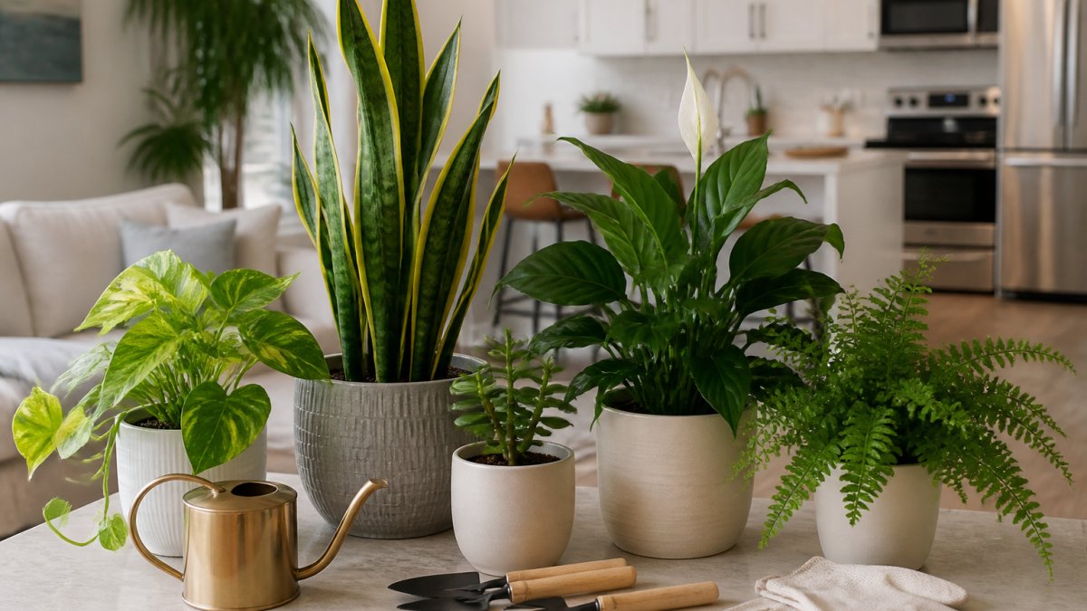 Five indoor plants for apartments of various sizes and a small gold watering can sit on a kitchen counter.