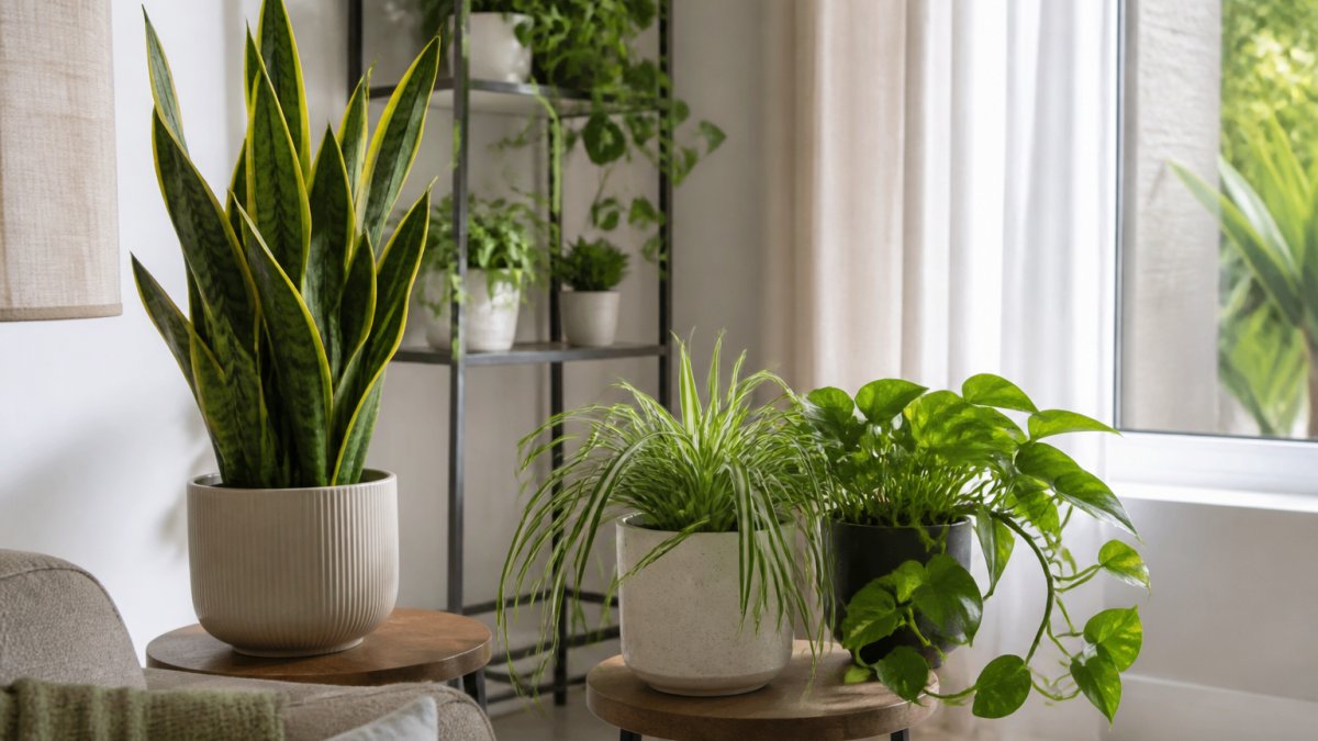 Best Indoor Plants for Apartments in Boca Raton 2 Bright apartment living room with multiple potted indoor plants arranged on shelves and side tables, including snake plants, pothos, and spider plants near a window with natural light filtering through sheer curtains